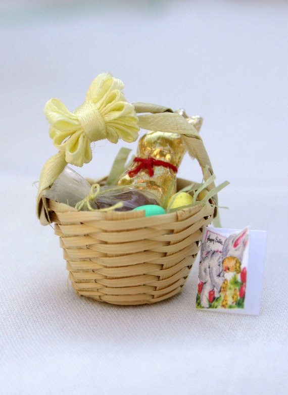 Dollhouse Miniature Easter Basket w/ Yellow Bow Candy and