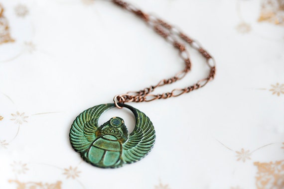 Egyptian Scarab Necklace Good Luck Pendant Patina Scarab