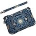 Wristlet Clutch - Flowers and Leaves on Blue with Detachable Wrist Strap - Ready to Ship