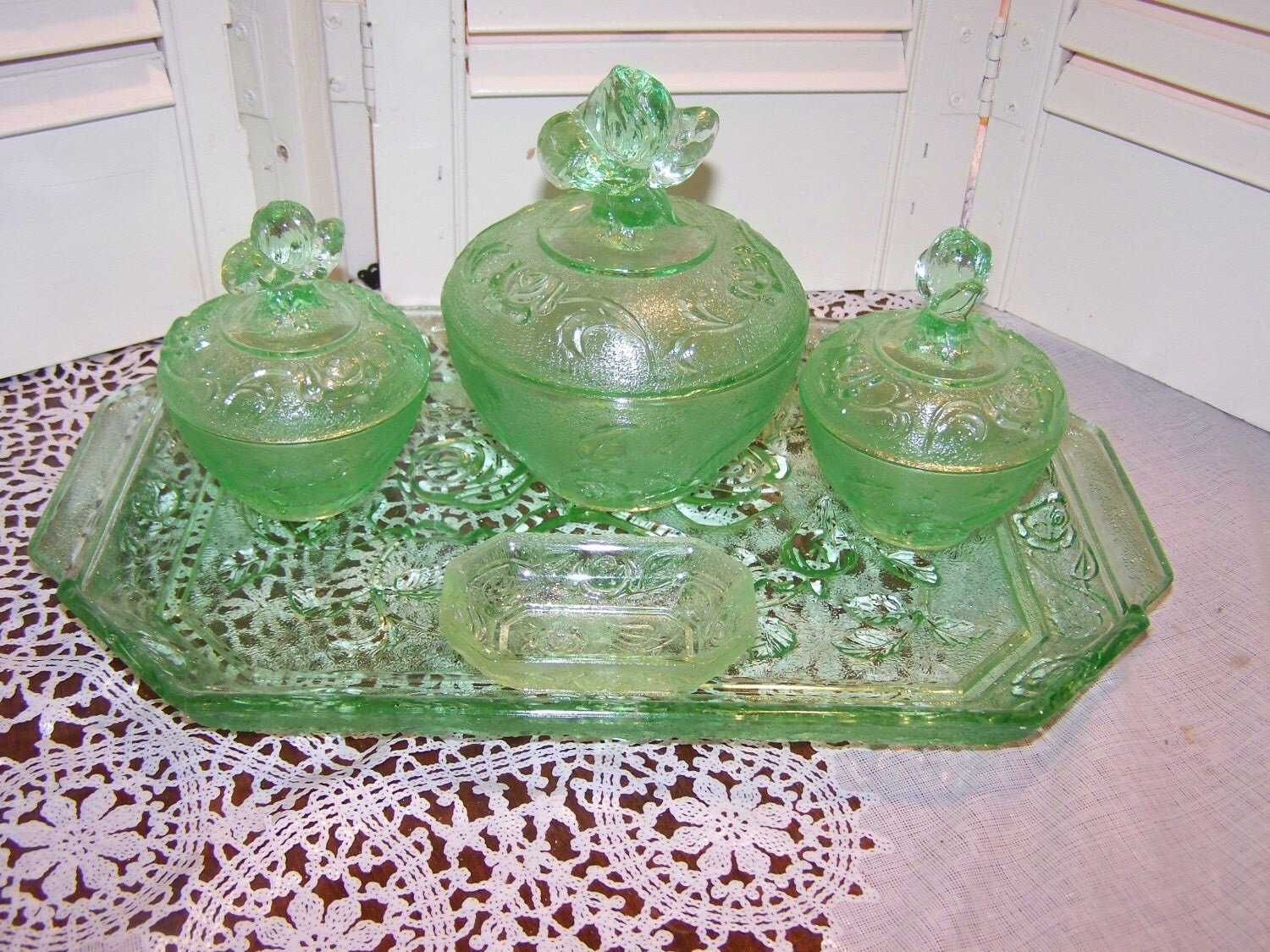 Vintage green Depression glass vanity tray set condiment or