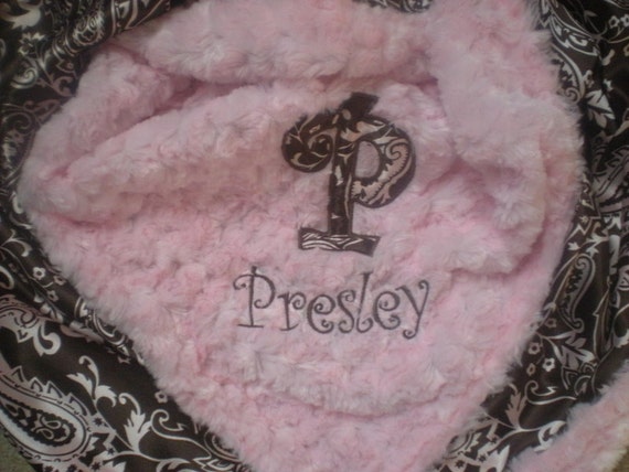 Baby Girl Blanket - Pink and Brown Paisley Charmeuse Satin and Minky Blanket - PERSONALIZED