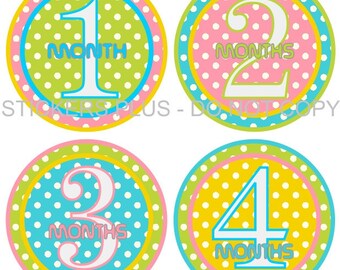 Baby Month Stickers Girl Plus FREE Gift Monthly Milestone Stickers Bright Dots II Pink Green Blue Yellow - Fast Ship 1-12 M