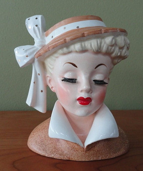 Napco LADY HEAD Vase with Bristle Eyelashes by VintageVoola