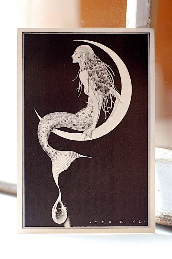 Vintage Mermaid on Crescent Moon Postcard Ted Rand