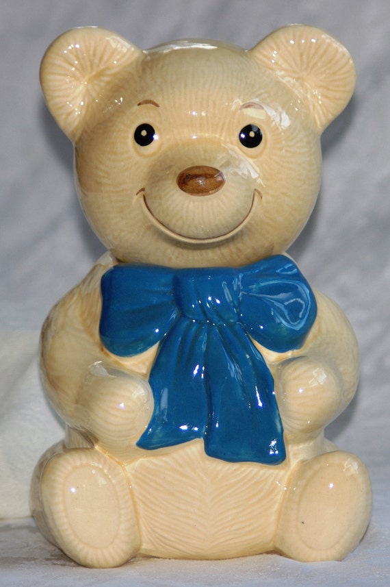 Vintage Metlox Bear Blue Bow Tie Cookie Jar Canister by Junquezone