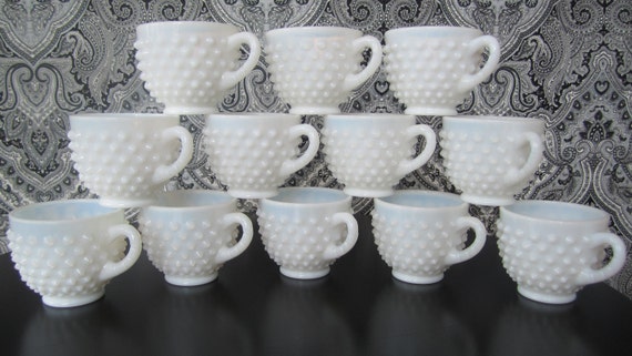 Fenton Hobnail Milk Glass Punch Bowl Set Vintage 15 Piece Set