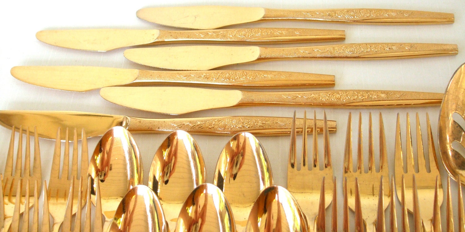 Golden Bouquet Flatware Set Gold Silverware Set Electroplate