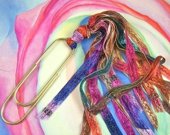 BIG 4" PaperClip Bookmark - Rainbow Novelty Yarn Ribbon