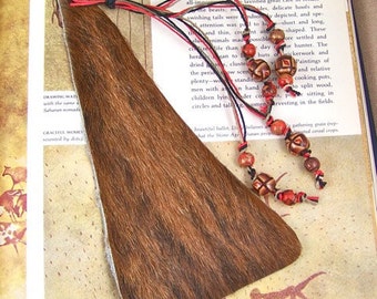 Bookmark Leather - Oversized Black & Brown Brindle Cowhide - Hemp Tassel with Hand Painted Beads