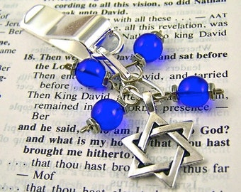 Star of David Bookmark - Silver Plated Chain - Silver Plated Clip - Cobalt Blue Glass Beads - Silver Plated Charm