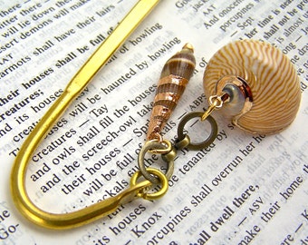 Shell Bookmark - Gold Plated Tower & Drop Moon Sea Shells - Bronze Chain w/ Gold Plated Page Marker