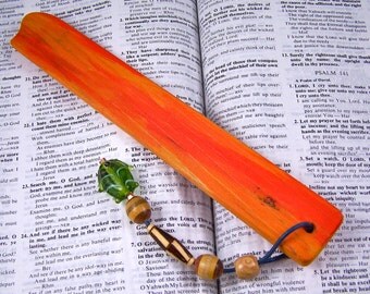 Bookmark - Hand Dyed Orange and Yellow Cedar Wood with Wooden & Glass Fish Beads - Green Leather Cord
