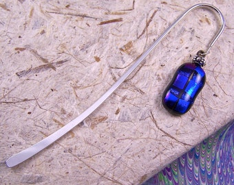 Bookmark - Dichroic Fused Glass Striped Pattern in Cobalt & Purple Violet On Silver Plated Bead andShepherd Hook Page Marker
