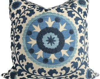 Blue Tufted Tribal Suzani Decorative Pillow Cover 18x18, 20x20 or 22x22 inch or Lumbar Pillow, Throw Pillow, Accent Cushion, Blue Suzani
