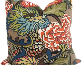 Pair of Mocha Schumacher Chiang Mai Dragon Decorative Pillow Covers, Accent Pillow, Designer Pillow, Throw Pillow