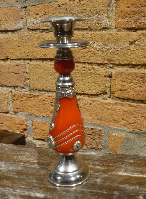 Items similar to Red Moroccan candle holder with decorative metal