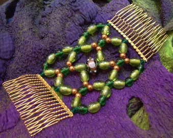 Handmade Hair Comb - Green and Gold - Swarovski - Venetian Style - Emerald City