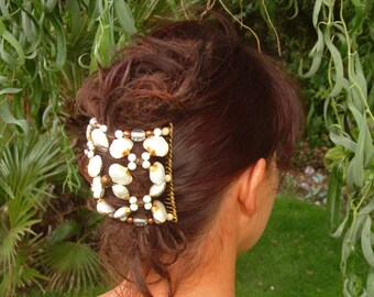 Exclusive Bridal Handcrafted Hair Comb - White and Gold - Semi precious - Cloisonne Shell - Lysianassa's Trinkets