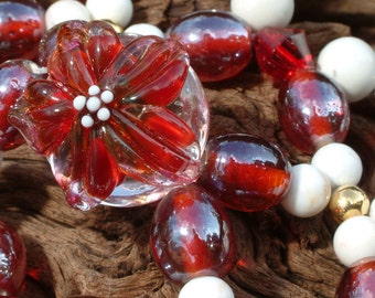 Handcrafted Hair Comb - Red and White - Semi Precious - Hibiscus Blush