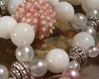 Handcrafted Hair Comb - Semi precious - Bridal - Beach Wedding - Little Pink Urchin