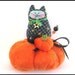 Halloween Black Cat Pumpkin PINCUSHION 4.5" Gold Stars Print Primitive Prim Fall Autumn Cloth Doll Decoration Soft Sculpture Folk Art