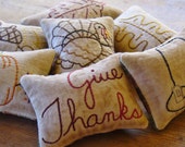 Thanksgiving Decorative Pillows - Give Thanks Bowl Fillers - Turkey - Pumpkin - Primitive Holiday Decor - Orange Plaid - Hand Embroidery