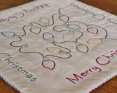 Merry Christmas Candle Mat - Retro Christmas Lights Table Mat - Primitive Table Topper - Red - Green - Plaid - Hand Stitched - Holiday Decor