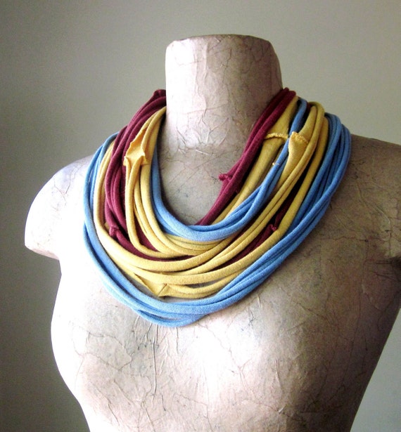 SKINNY scarf necklace in slate blue maroon and mustard