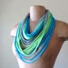 Knotted Scarf Necklace - Eco Friendly T Shirt Scarf - Upcycled Jersey Cotton - Lime Green, Aqua Blue, Gray