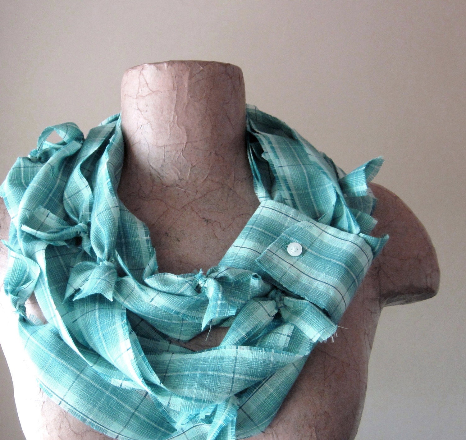 RECONSTRUCTED oxford scarf in teal plaid SALE by by EcoShag