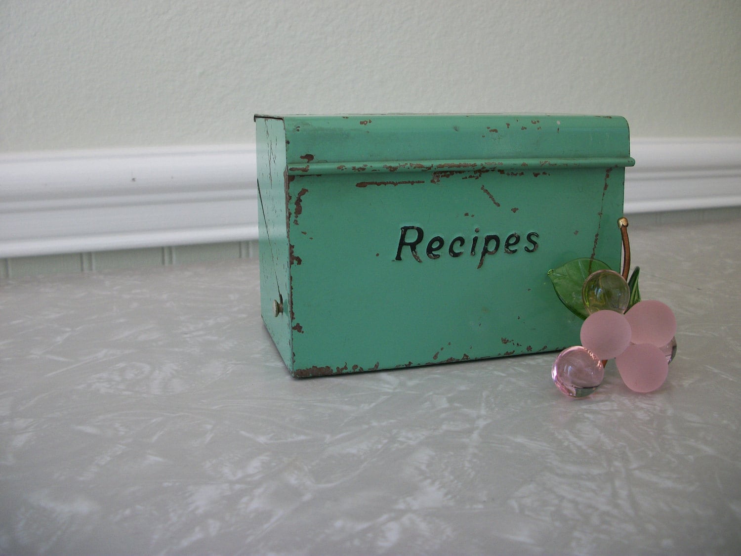 Vintage Metal 1930s Green Recipe Box with Recipes