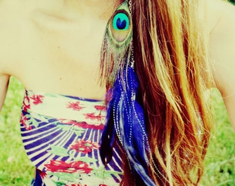 Extra Long Single Feather Chain Earring OR Feather Hair Clip, Feather Extensions, NEW made with iridescent hair tinsel, Feather Symbolism