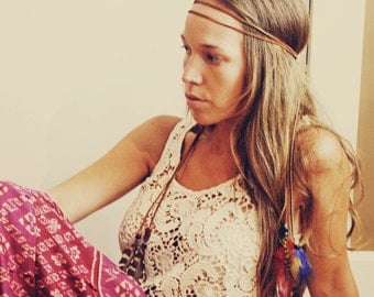 Handmade Brown Leather Hippie Feather Headband, Tie Headband, Wear It Many Different Ways
