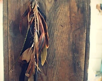 Autumn Bisque, Handmade Natural Extra Long Chain Feather Hair Extension Clip, 12 inches, or Single Feather Earring, Grizzly Feathers