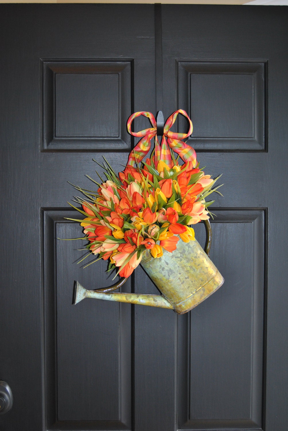 Watering Can Front Door Wreath Alternative-Orange Yellow