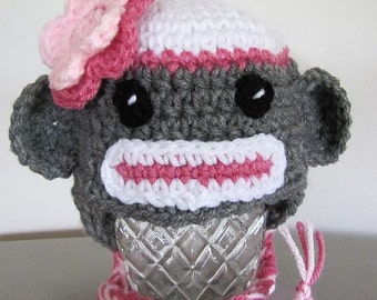 sock monkey hat for newborn (0-3 mon) with pink