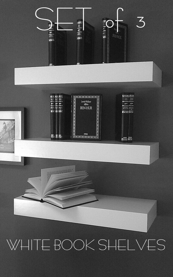 48" Long Floating White Satin Shelves, Single Shelf, Wall White Satin 