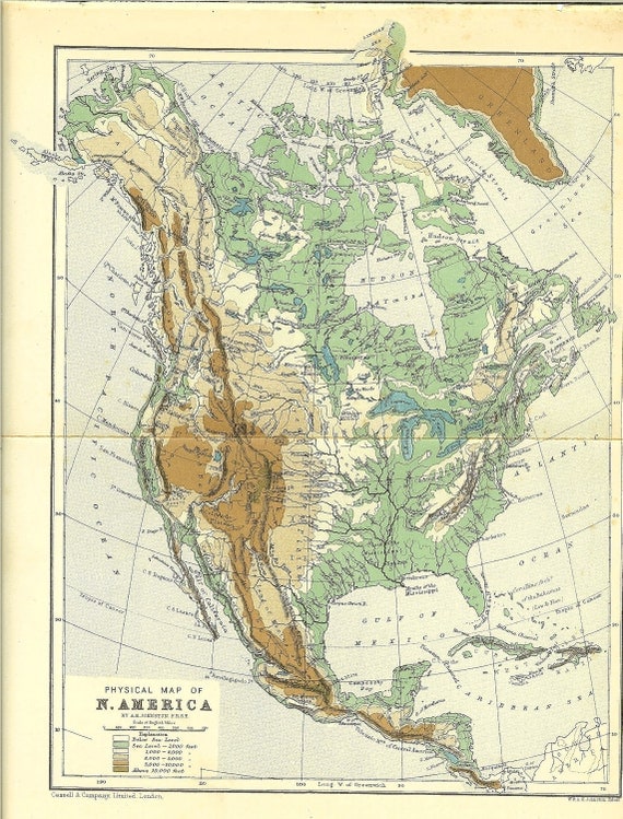 1900 Antique Coloured Map of North America by printsandpastimes