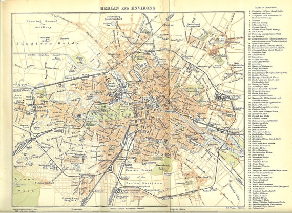 1900 Antique Coloured Map of Berlin and Environs. Ideal for