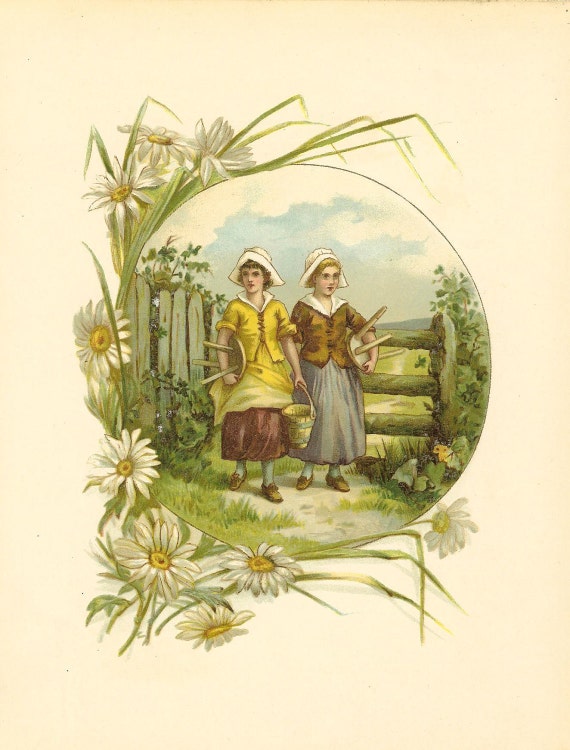 1888 Antique children's Print Victorian Two Girls Carrying Milking Stools And Milking  Pail Daisies Bucket Book Plate Book Illustration