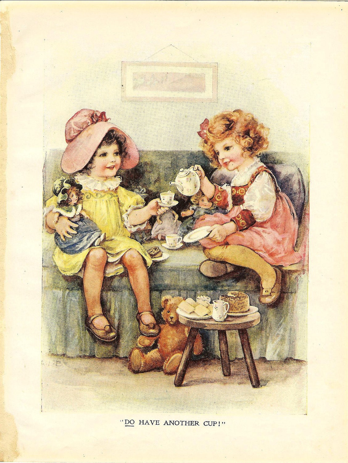 Two Little Girls And Dolls Tea Party Vintage 1915 Print. Ideal