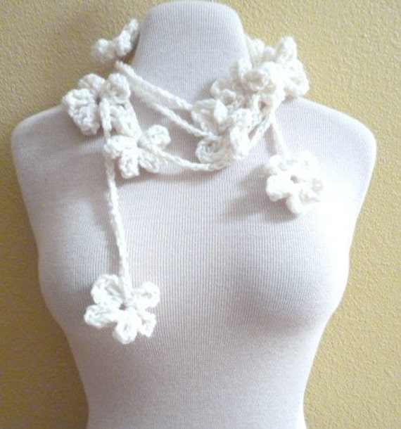 Crochet Flower Scarf Skinny Wedding Bridal by nightowlcreates