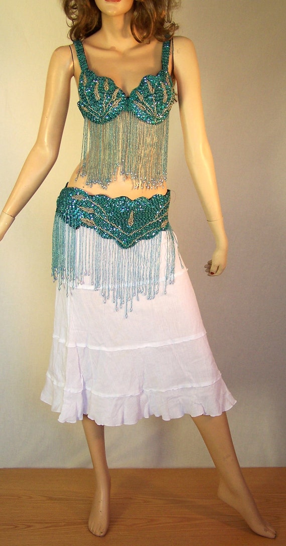 Belly Dancing Costume Teal and Silver Beaded by LaBonitaVintage