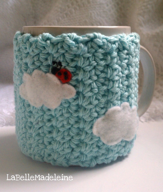 Cup Cozy -A BUG ON A MUG Cozy Ladybug in the clouds, Baby Blue, coffee sleeve, mug cozy, clouds, ladybug, gifts for her, gift
