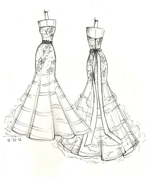 Items similar to FRONT and BACK dress sketch of YOUR special dress - a ...