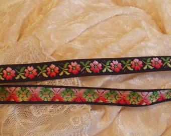3 Yards Black with Pink Flowers Jacquard Ribbon Trim, Edging, Quilt, doll, remake of 60's jeans