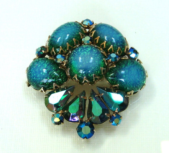 Vintage BLUE Opal Glass rhinestone pin brooch by RMSjewels on Etsy