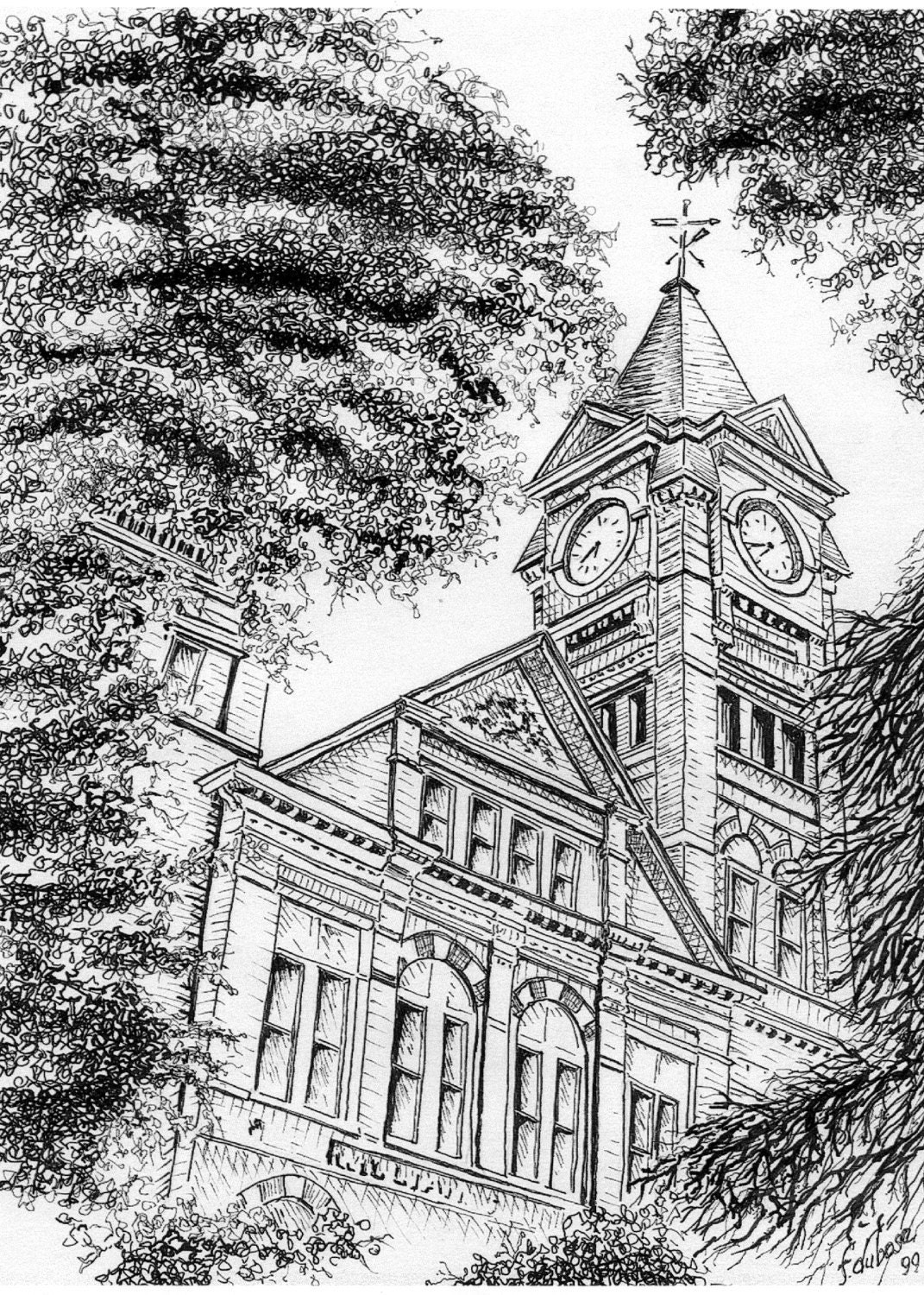A Pen and Ink drawing of Auburn University's Sanford Hall