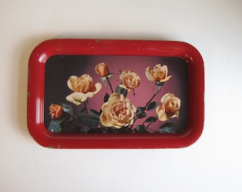 Vintage Red with Yellow Roses TV Trays - Set of Ten