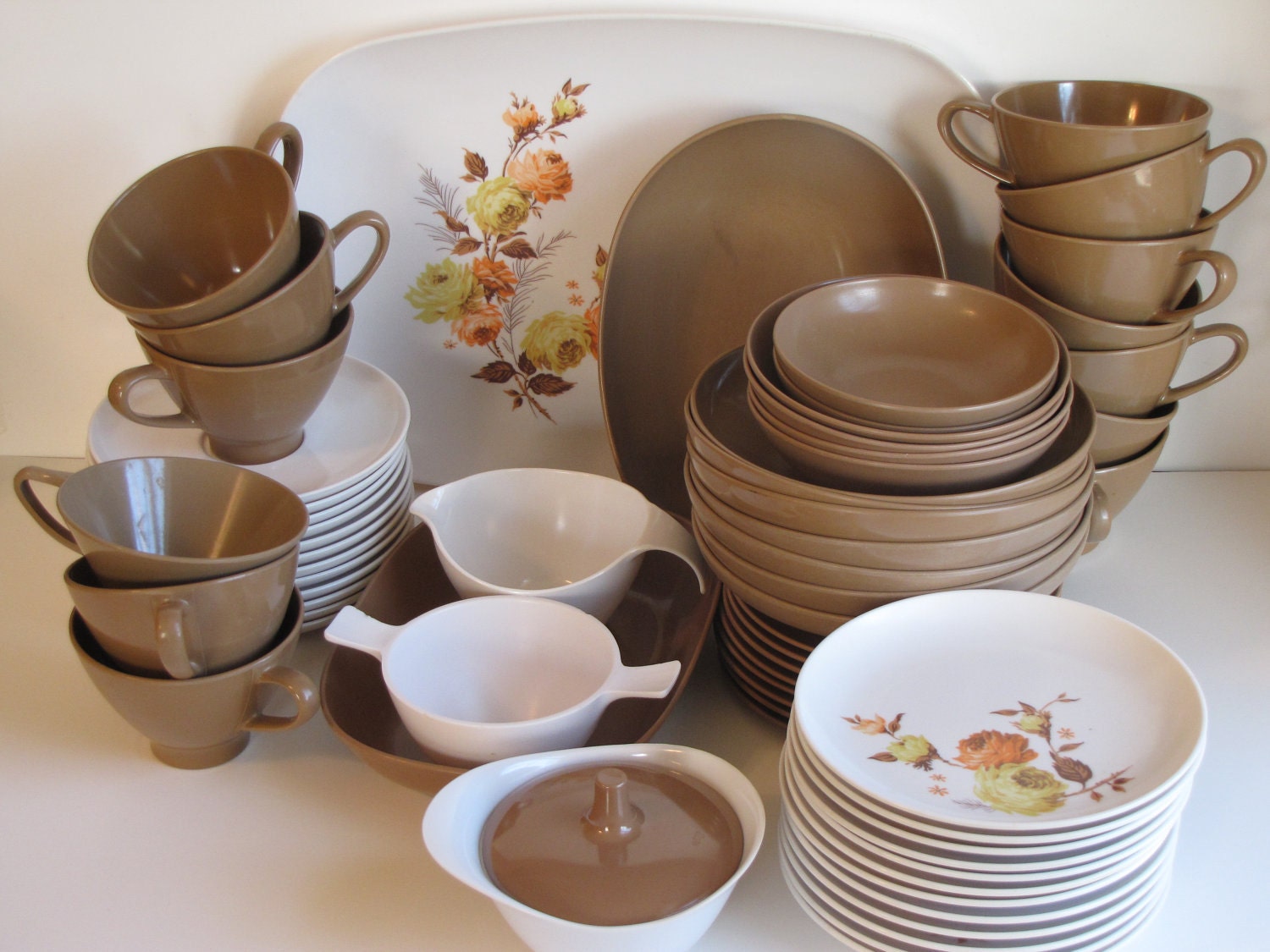 Vintage Brown/White/Orange Melamine Dishes large set of